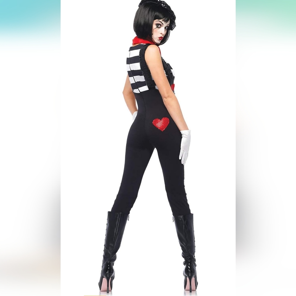 Leg Avenue Women's Mime Red Heart Costume Black n White Striped Jumpsuit Sz M